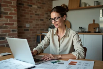 Femme consultant un tableau de suivi de budget rénovation sur ordinateur portable entourée de plans et d'échantillons de matériaux dans une cuisine en cours de rénovation