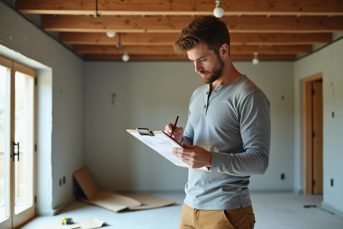 Homme debout dans un salon en travaux tenant un clipboard avec des feuilles de suivi budgétaire pour sa rénovation intérieure