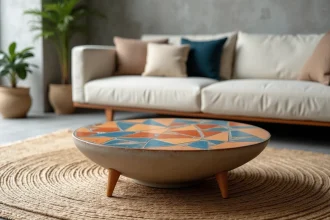 Table basse Capron en céramique mosaïque géométrique dans un salon minimaliste, style mid-century, tons ocre et cobalt