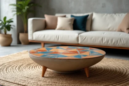 Table basse Capron en céramique mosaïque géométrique dans un salon minimaliste, style mid-century, tons ocre et cobalt