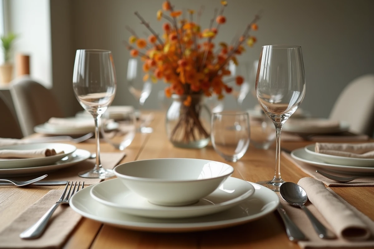 Table à manger familiale dressée pour un dîner formel avec quatre couverts montrant le placement correct des verres à eau, à vin et à champagne en diagonale