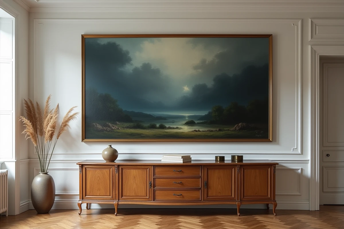 Grand tableau paysage XXL encadré au-dessus d'un buffet vintage dans une salle à manger haussmannienne avec parquet à chevrons