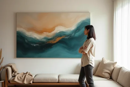 Femme admirant un grand tableau abstrait XXL accroché sur un mur blanc dans un salon moderne au mobilier en noyer et bouclé