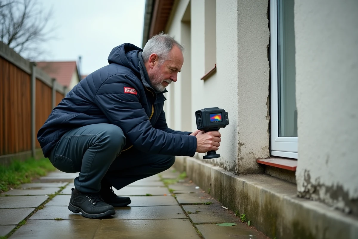 Technicien réalisant un contrôle thermique des ponts thermiques en pied de mur d'une maison individuelle avec caméra infrarouge
