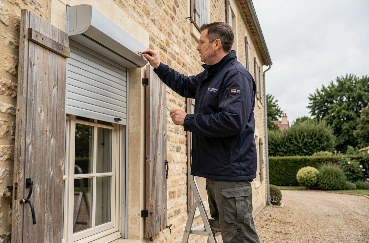 Technicien réglant le moteur d'un volet roulant Bubendorff extérieur sur une maison en pierre traditionnelle française