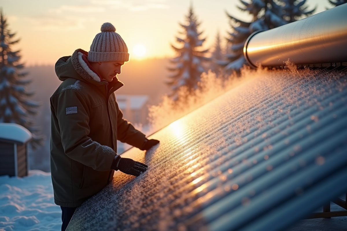 Technicien inspectant tubes solaires par temps froid