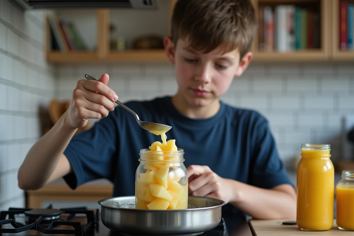 Adolescent remuant cire dans un bocal sur la cuisiniere