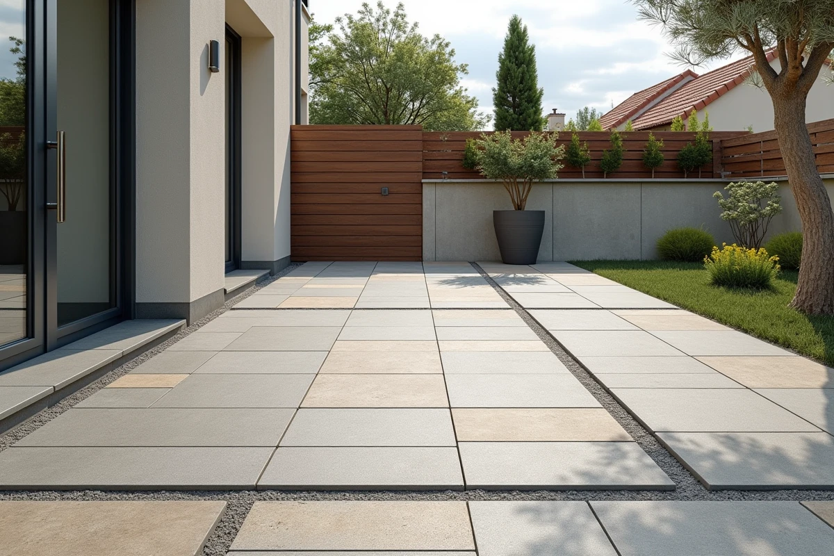 Terrasse en terrazzo finalisée en zone résidentielle urbaine illustrant les contraintes réglementaires locales d'aménagement extérieur