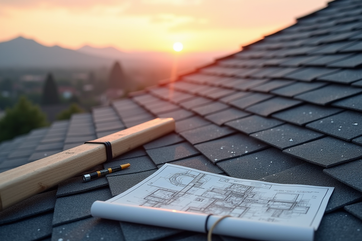 Toit neuf avec tuiles grises au lever du soleil avec outils
