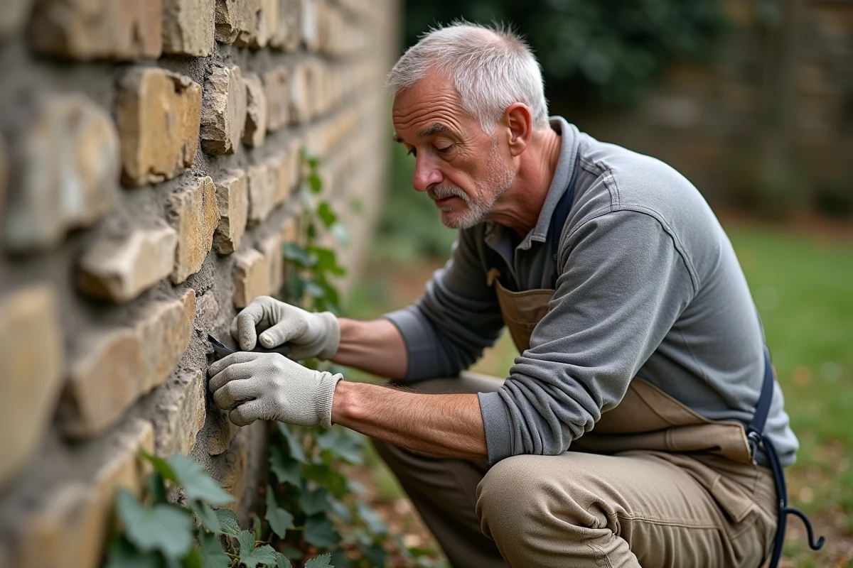 Artisan appliquant un mortier de chaux hydraulique sur un mur en pierre extérieur pour traiter l'humidité remontante