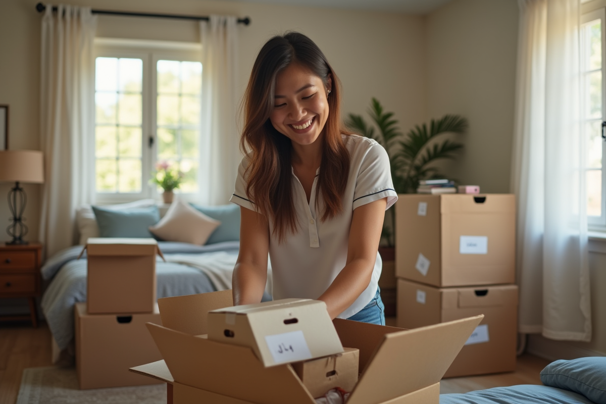 Personne souriante triant des objets dans une chambre
