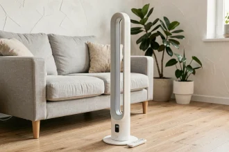 Ventilateur colonne blanc Valberg posé sur un parquet en bois dans un salon minimaliste moderne