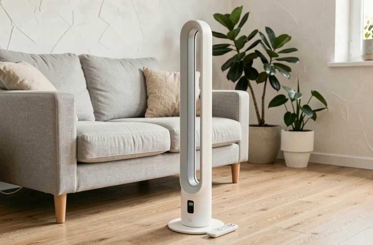Ventilateur colonne blanc Valberg posé sur un parquet en bois dans un salon minimaliste moderne