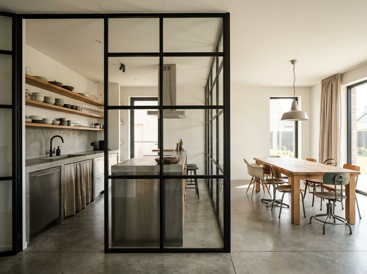 Cuisine ouverte avec verrière industrielle en acier noir séparant le coin repas, plan de travail en béton et étagères en bois