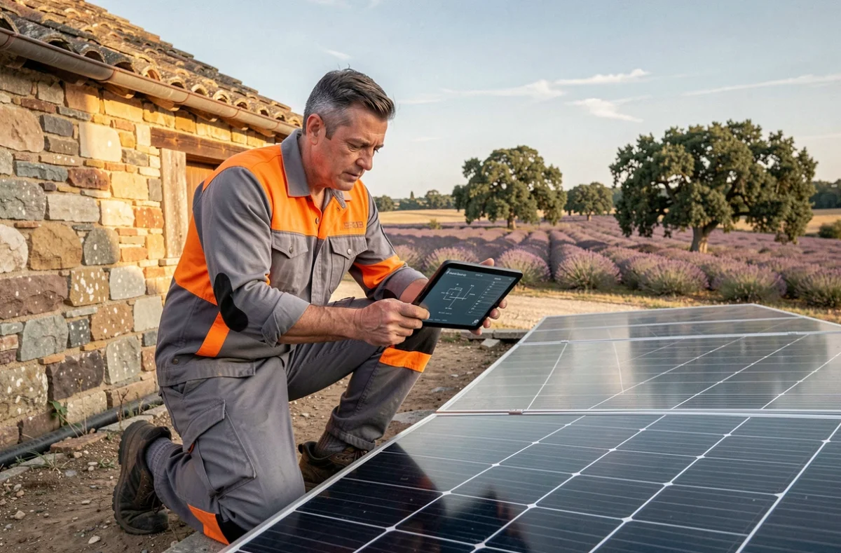 Installateur de Volga Multimedia vérifiant une installation solaire sur une ferme proche d'Aups dans le Var